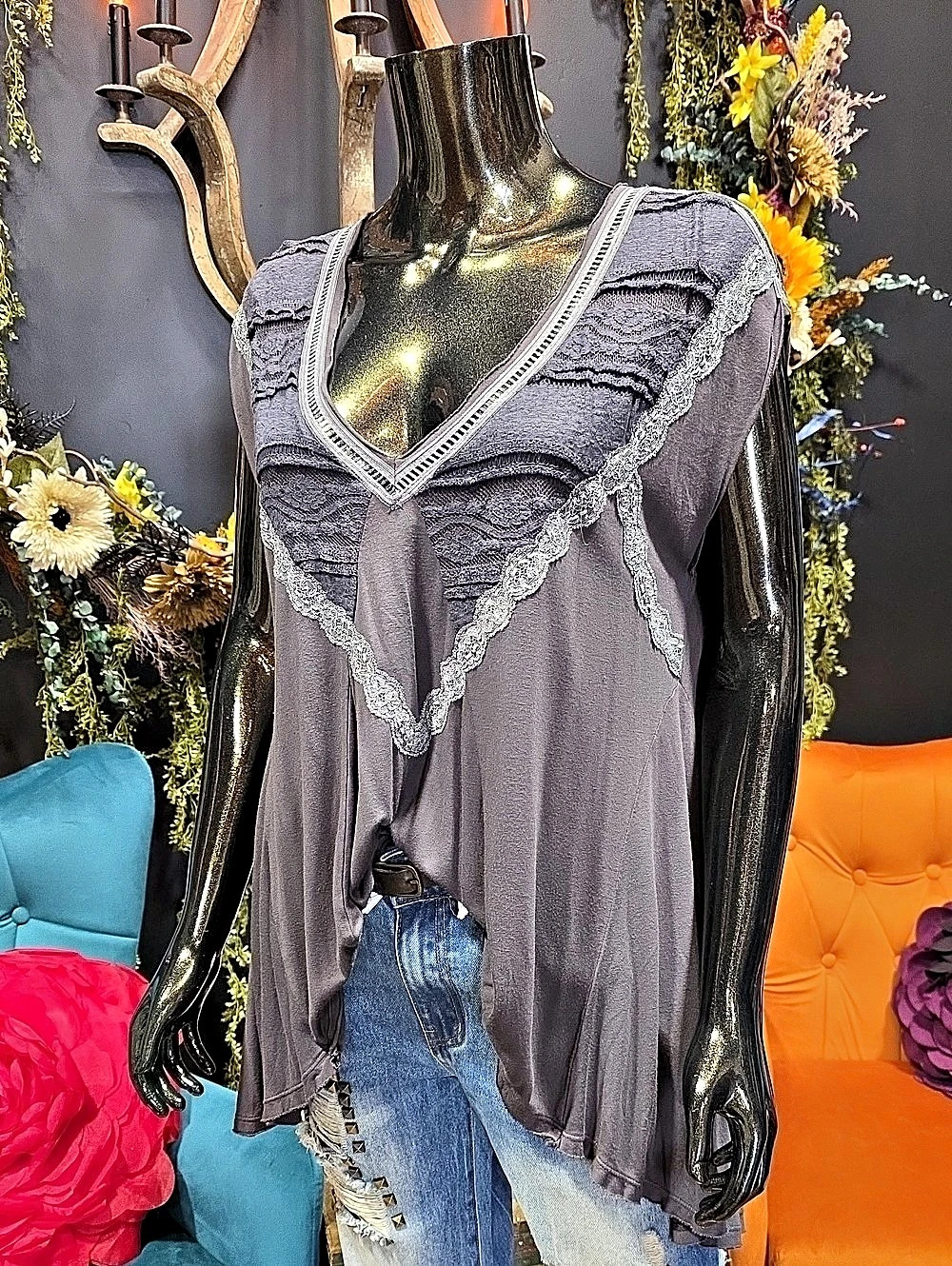 Free People Gray Lace Trim High Low Tunic Top